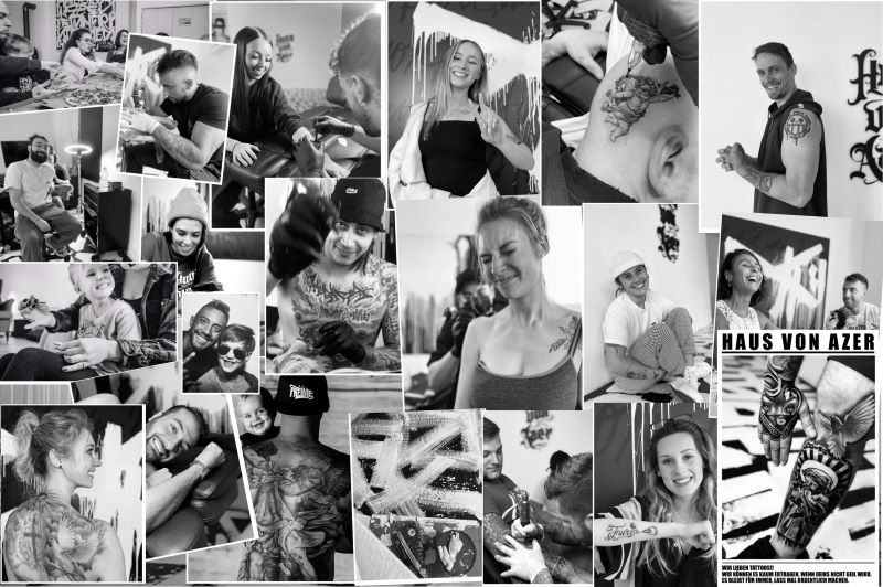 Collage von Tätowierungen und Tätowierern, die im Haus von Azer an verschiedenen Kunden arbeiten.