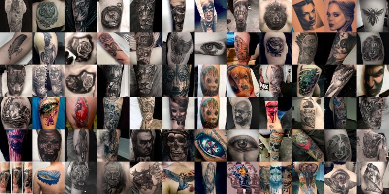 Tattoo-Portfolio mit einer Vielzahl von verschiedenen Designs, einschließlich Realismus, Porträts und Tiermotiven.