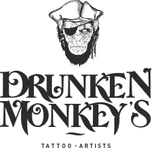 Logo von Drunken Monkey´s Tattoo, dargestellt in stilisierten Schriftzügen.