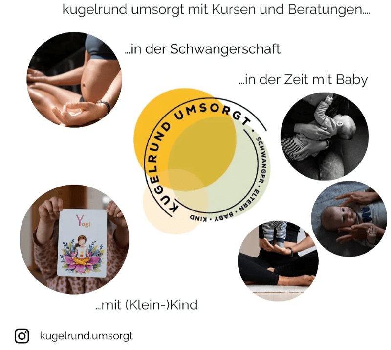 Ein Infografik-Bild zeigt verschiedene Momente rund um Schwangerschaft und Elternsein mit Kursangeboten für Schwangere, Eltern, Babys und Kleinkinder. In der Mitte befindet sich das Logo "Kugelrund Umsorgt".